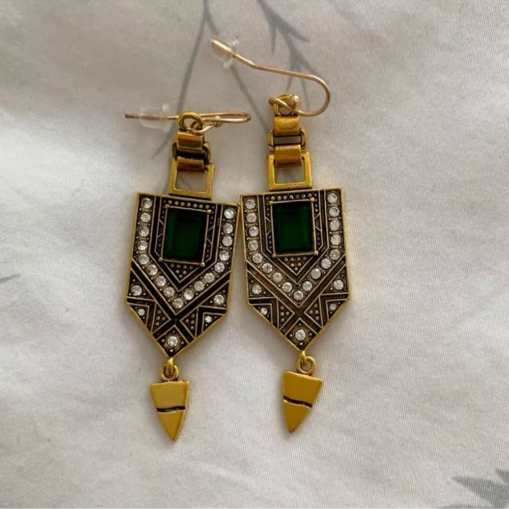 Marquis Ethnic Vintage Emerald Bronze Brushed Earrings